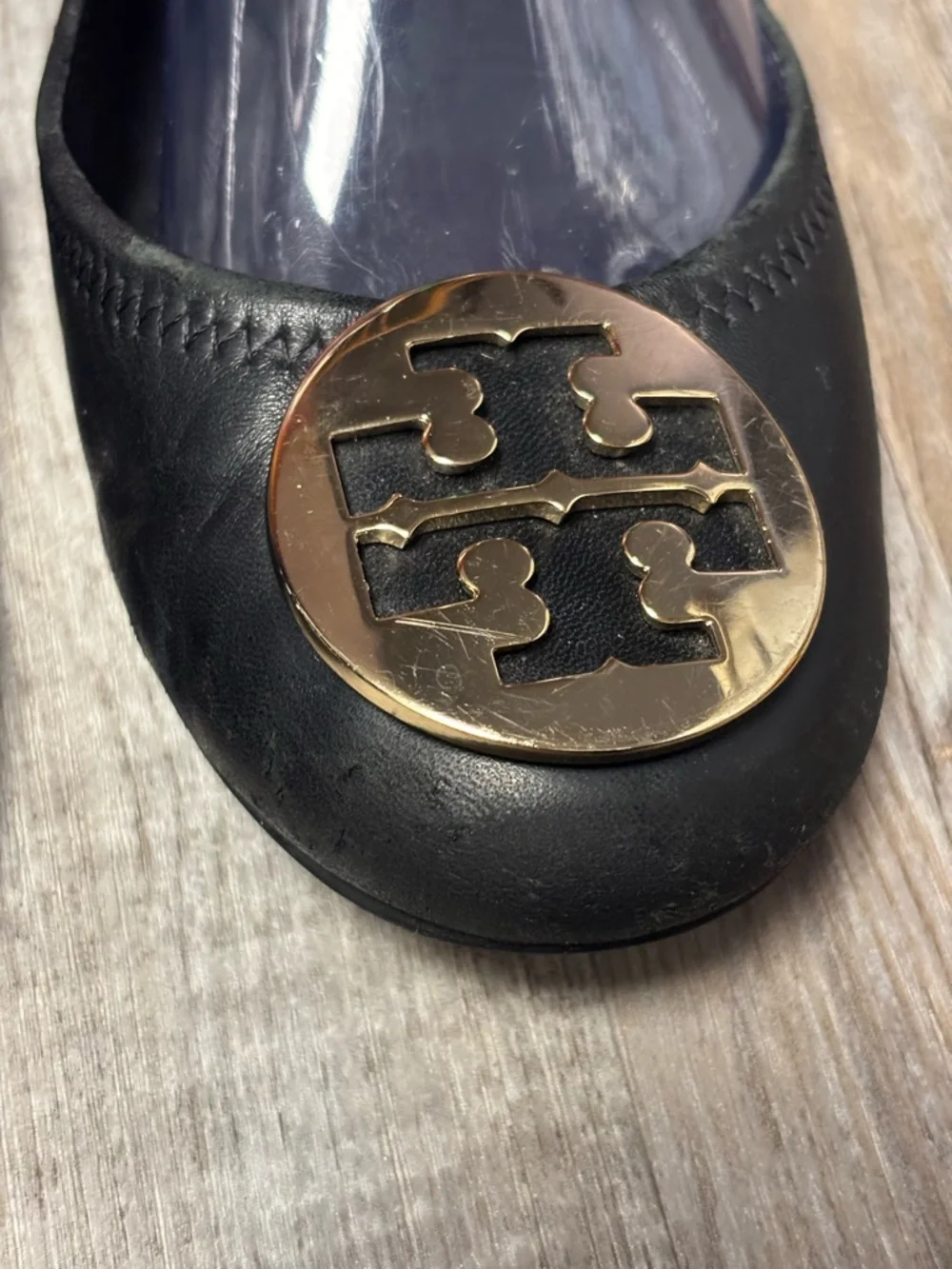 Tory Burch Reva Black Leather Logo Ballet Flat with Gold Medallion